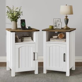 Farmhouse Nightstand with Charging Station, Set of 2, Wood Bedside Table with Storage & Open Compartment, Side End Table for Bedroom