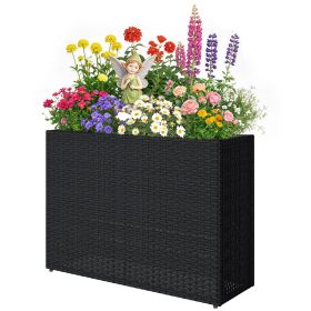 Tall Rectangular Planter with Removable Liner, Holes, PE Wicker Large Planter Box for Indoor Outdoor Plants, Black