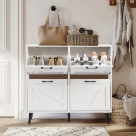 Barn door with 4 flip-down drawers, black metal single-sided handle + melamine particleboard + black solid wood tapered legs. Shoe cabinet