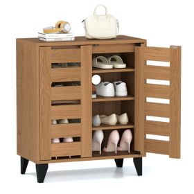 24" Farmhouse Shoe Cabinet with 2 Louvered Doors - 4-Tier Shelves, 3 Adjustable Layers (Natural Wood Grain)