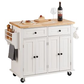 Kitchen Island Cart with Solid Wood Top, 35.4" Width Mobile Carts with Storage Cabinet, Rolling Kitchen Table with Spice Rack, Towel Rack, and Dr