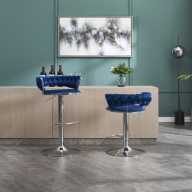 Set of 2 Bar Stools,with Chrome Footrest and Base Swivel Height Adjustable Mechanical Lifting Velvet + Chrome Leg Simple Bar Stool-BLUE