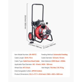 Drain Cleaner Machine 50 FT X 1/2 Inch, Auto Feed Sewer Snake Auger On Wheels, Portable Drain Cleaning Machine With 4 Cutters & Air-activated Foo (Option: Black)