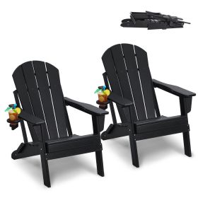 Adirondack Chair Plastic, Set of 2 All-Weather Portable Folding Fire Pit Chair, Outdoor Adirondack Patio Chair with Cup Holder (Color: Black)