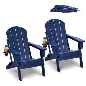 Adirondack Chair Plastic, Set of 2 All-Weather Portable Folding Fire Pit Chair, Outdoor Adirondack Patio Chair with Cup Holder (Color: Blue)